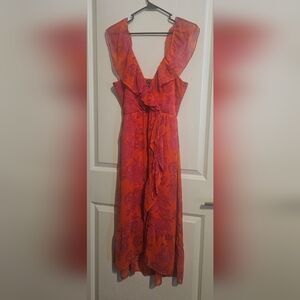 Women's Xl fuchsia floral midi  ruffle short sleeve and front flared sun dress